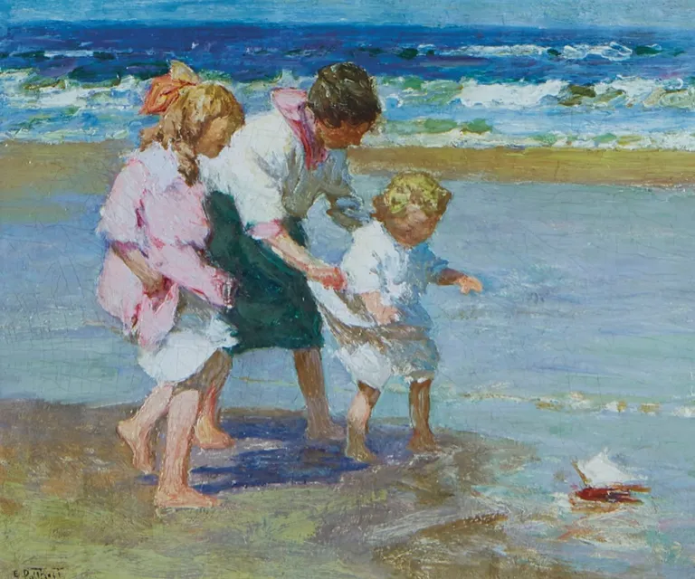 a painting of three children playing on the beach