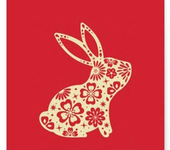 a red card with a white rabbit on it. rectangle, sleeve, fawn, art, font, magenta, terrestrial animal, giraffidae, rabbits and hares, pattern
