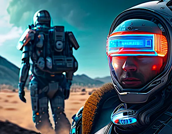 a man in a space suit standing next to another man in a desert