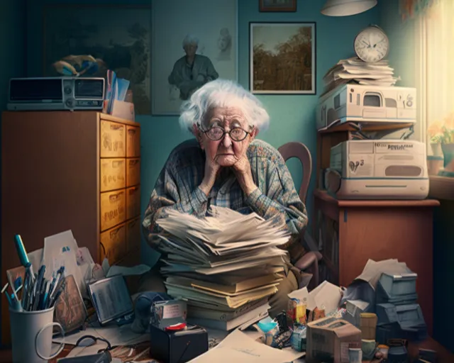 an elderly woman sitting at a desk with stacks of papers