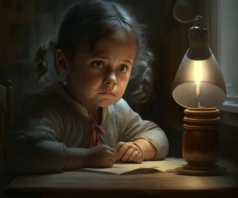 a little girl sitting at a table in front of a lamp