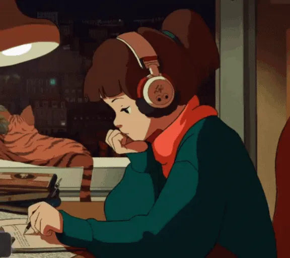 A girl sits at her desk, surrounded by books and notes as she studies in the lofi style. Her focus is on her task, but the soft background music keeps her relaxed and focused.