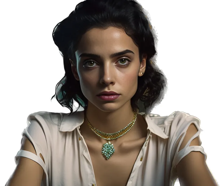 a woman in a white shirt is wearing a necklace