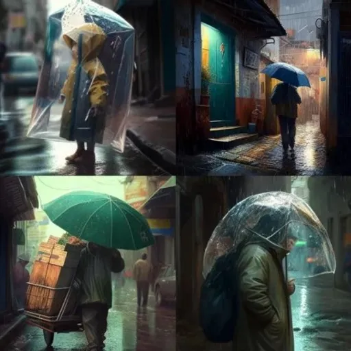 a series of photos of people walking in the rain with umbrellas