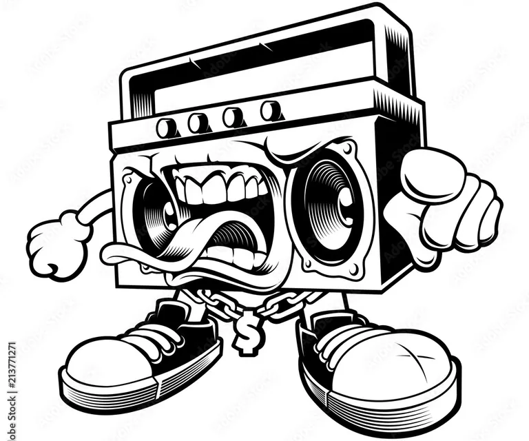 a black and white cartoon of a boombox