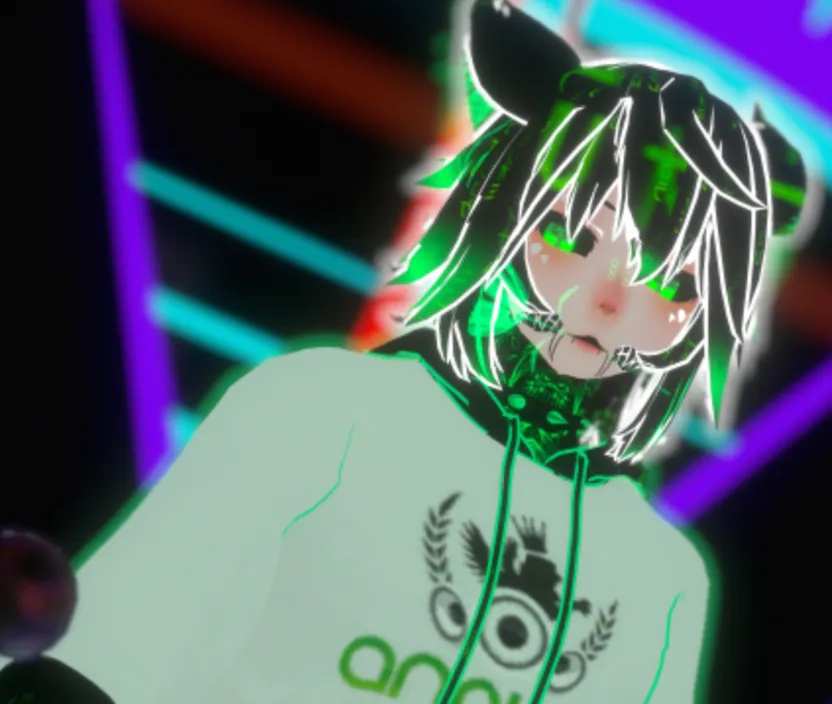 a girl with green hair wearing a white hoodie. hairstyle, eye, cartoon, black hair, art, magenta, cg artwork, event, audio equipment, graphics