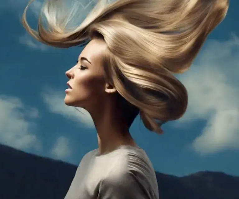 a woman with long blonde hair blowing in the wind