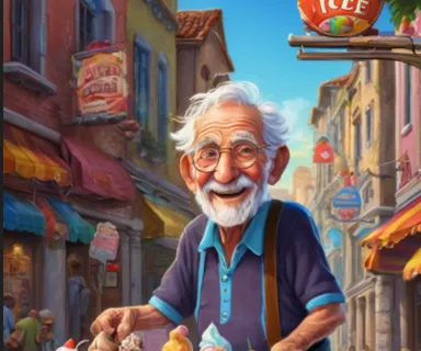 a painting of an old man eating ice cream