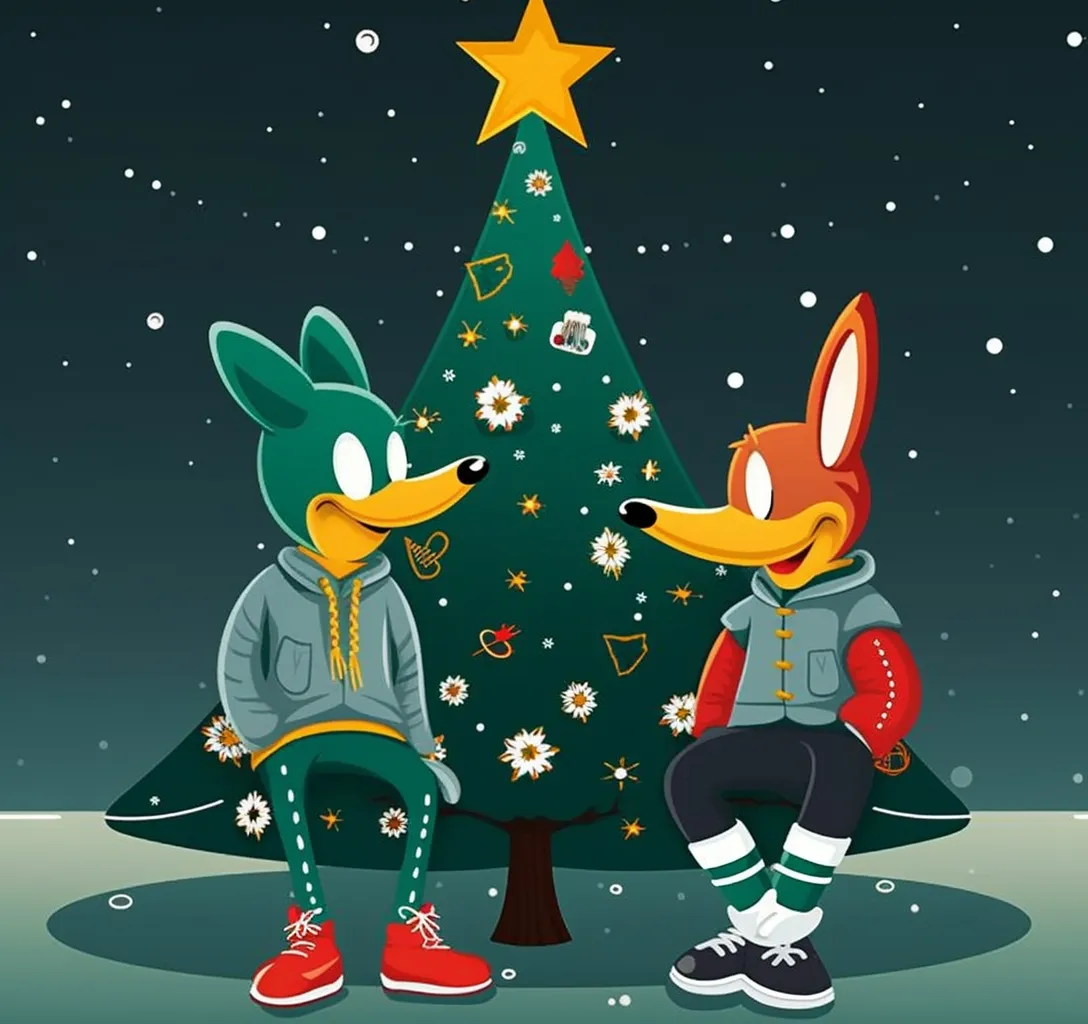 a couple of cartoon animals sitting next to a christmas tree