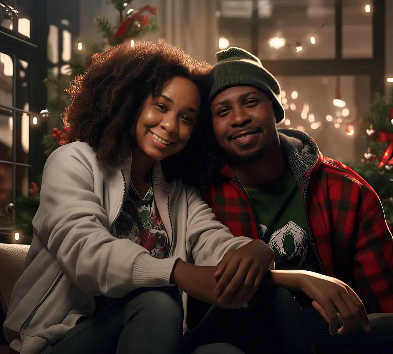 a man and woman sitting next to each other in front of a christmas tree