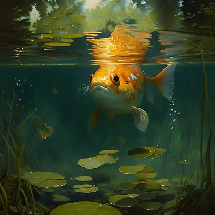 a painting of a fish swimming in a pond