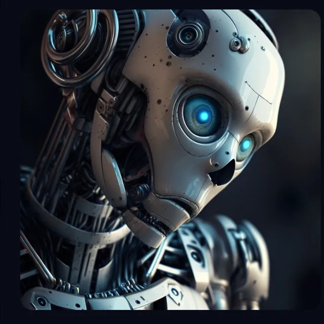 A Close Up of a Robot with Blue Eyes. add a human or animal's eye to the robot's body to complete the effect.