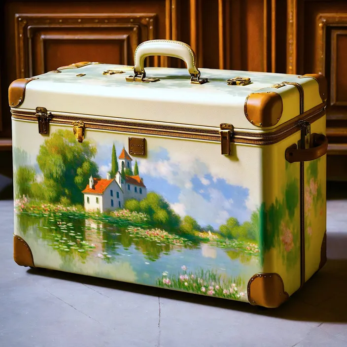 a suitcase with a painting of a castle on it