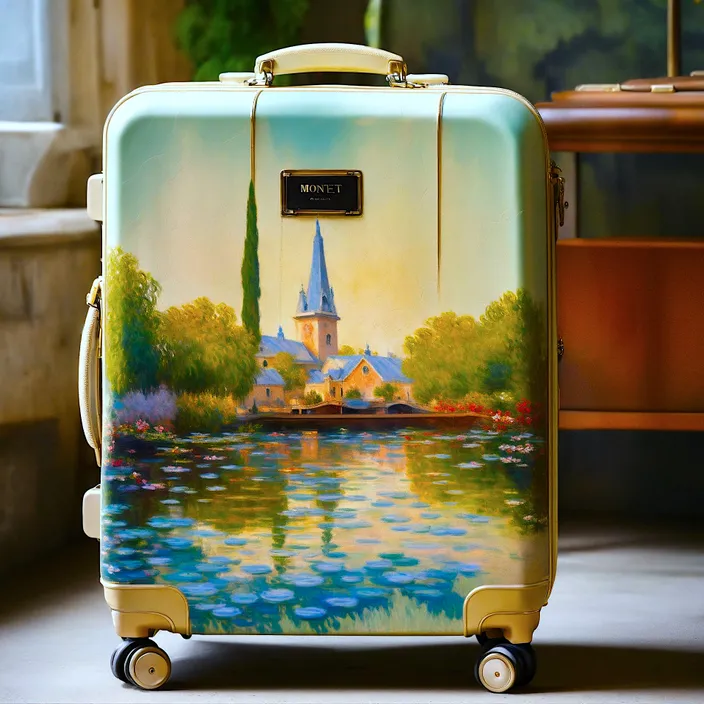 a suitcase with a painting of a church on it