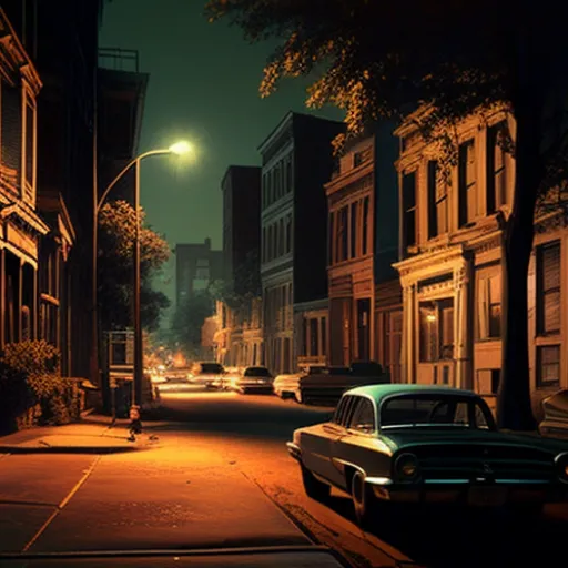 a car parked on the side of a street at night