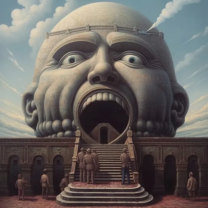 a building of a giant head with a staircase leading up to it. a building of a giant head with stairs leading up to it