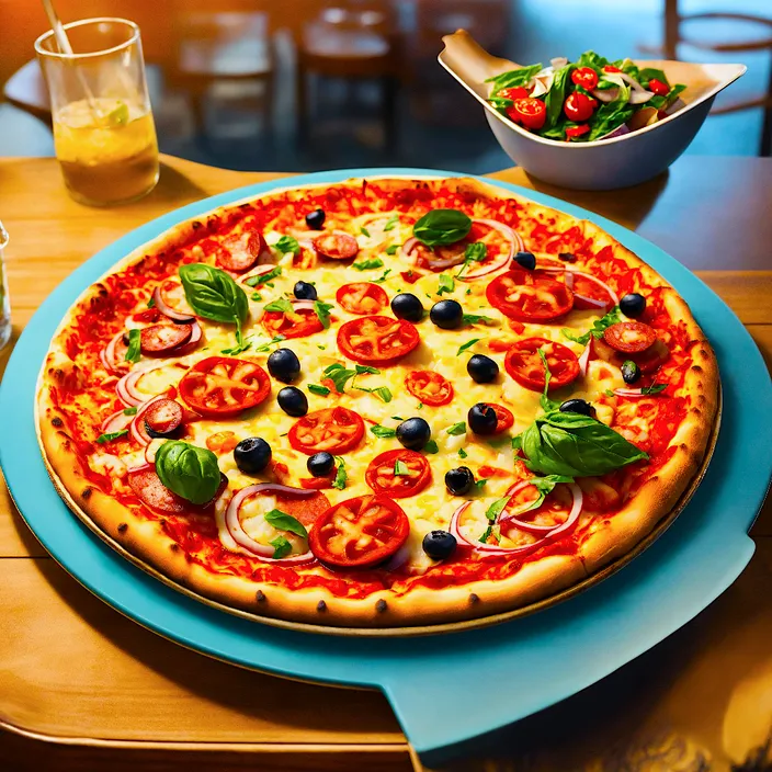 a pizza sitting on top of a blue plate on a table