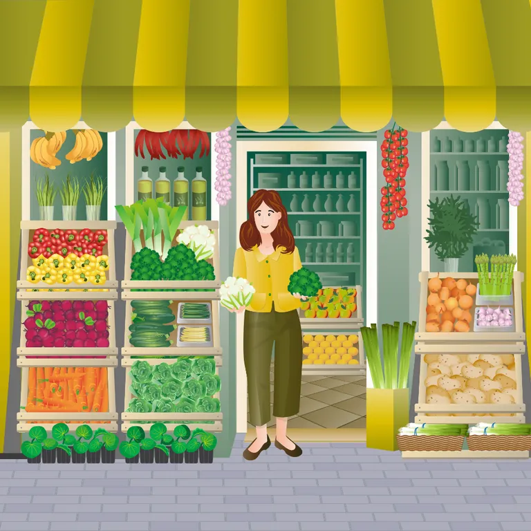 a woman standing in front of a store filled with vegetables. plant, cartoon, textile, organism, grass, door, window, natural foods, building, pattern