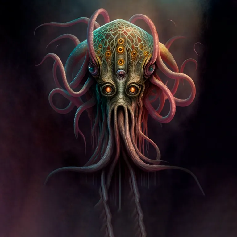 a painting of an octopus with a strange face. head, eye, art, cg artwork, magenta, bone, painting, fictional character, symmetry, paint
