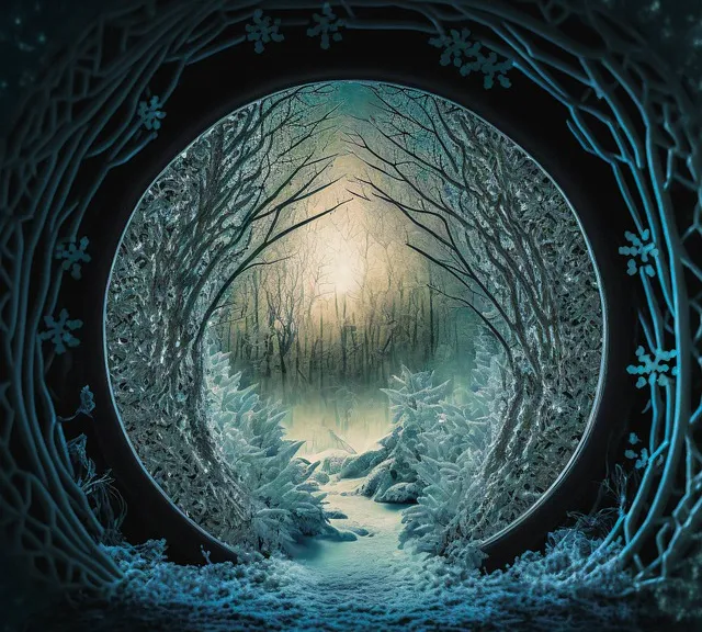 an image of a doorway in a snowy forest