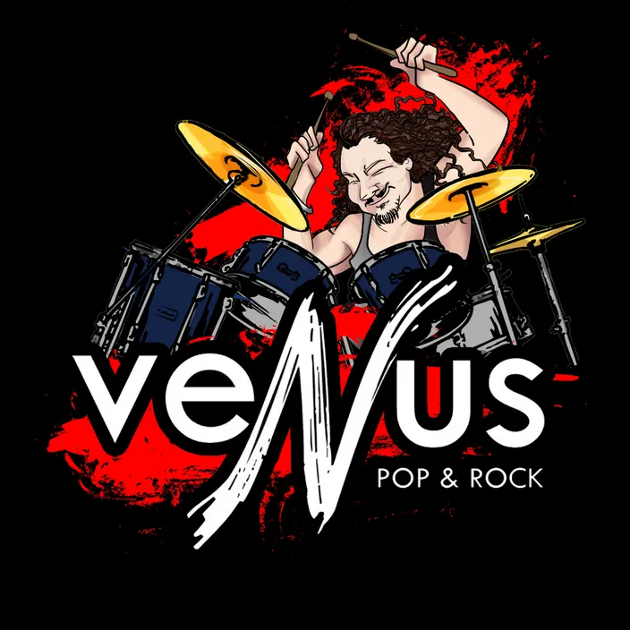 a woman playing drums with the words venus pop and rock