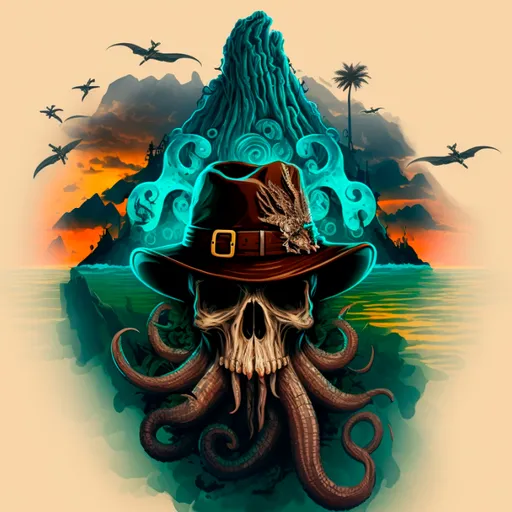 a skull wearing a hat with an octopus on it. azure, organism, art, aqua, tree, font, cephalopod, painting, marine invertebrates, octopus
