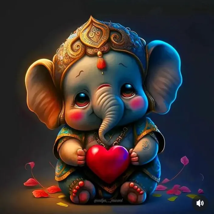 a small elephant holding a heart on a dark background