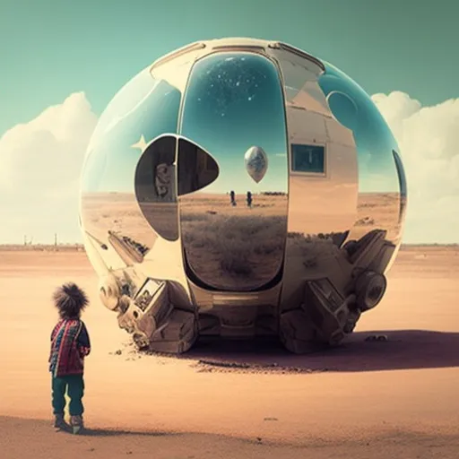 a little boy standing in front of a giant mirror ball