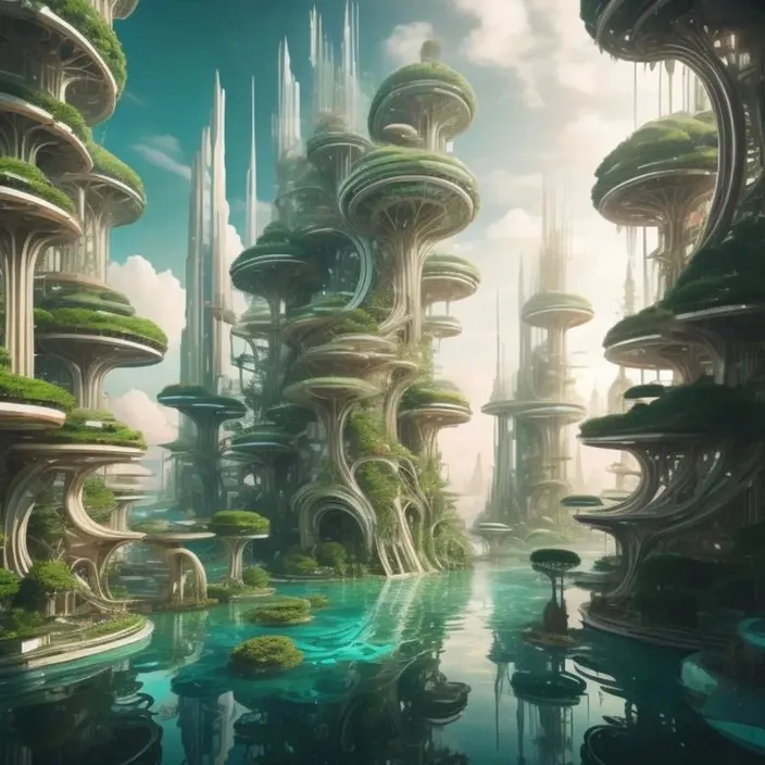 a futuristic city surrounded by trees and water