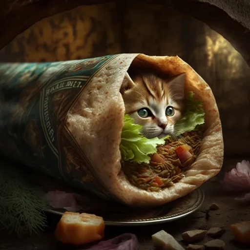 a cat peeking out from inside a burrito. cat, felidae, carnivore, small to medium-sized cats, fawn, whiskers, grass, food, tail, cat supply