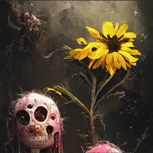 a painting of a dead doll next to a sunflower