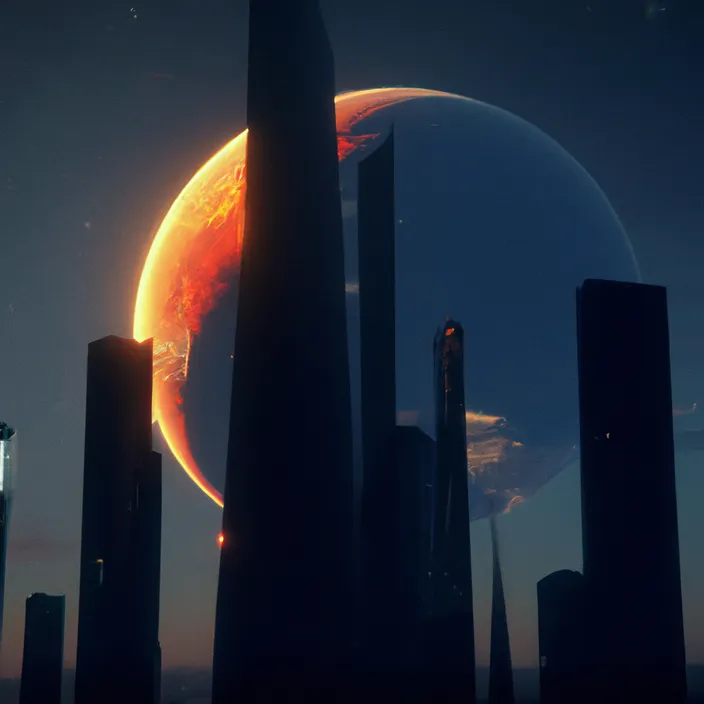 a futuristic city with an orange sun in the background