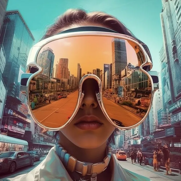 a woman in futuristic goggles, the city reflects back in her goggles. a woman wearing a pair of futuristic goggles, the goggle reflect the city around her