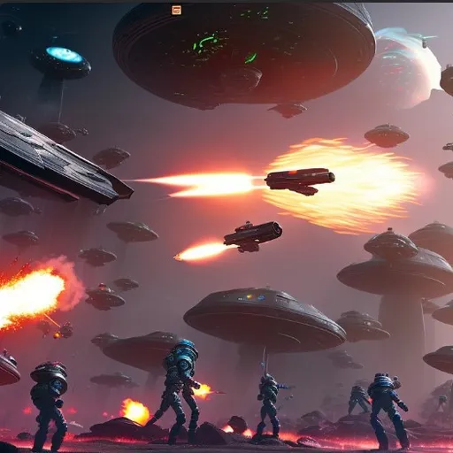 a group of people standing in front of a bunch of spaceships