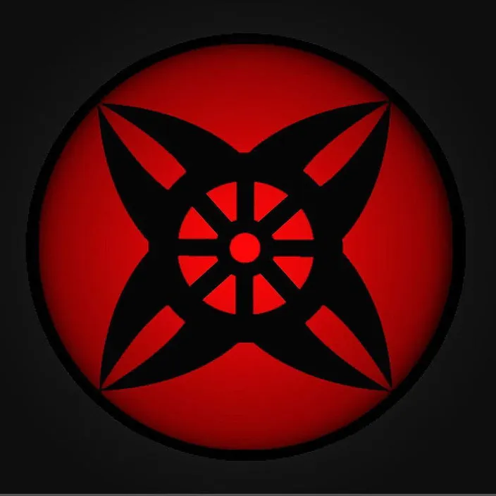 a red and black logo with a black background