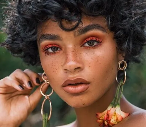 a close up of a person wearing large earrings