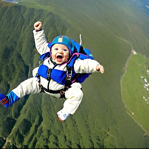 a baby is in the air with a parachute. water, people in nature, happy, smile, grass, leisure, recreation, fun, windsports, slope