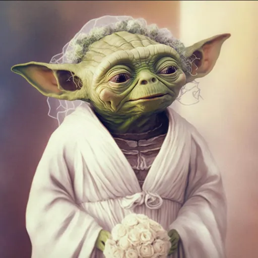 a painting of a baby yoda holding a bouquet of flowers. head, glasses, sleeve, gesture, whiskers, snout, felidae, personal protective equipment, eyewear, fictional character