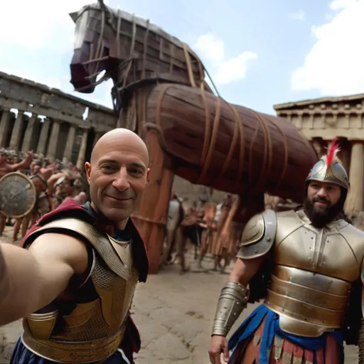 two men dressed in roman armor standing next to each other. smile, muscle, sky, cloud, shield, sculpture, horse, art, knight, event