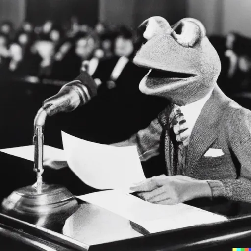 Kermit the Frog testifies at a Congressional committee hearing, Washington, D.C., circa 1953, newspaper photograph high quality