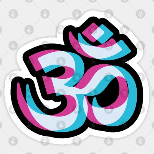 a sticker with the word om in pink and blue. pink, font, art, material property, magenta, pattern, circle, illustration, graphics, visual arts