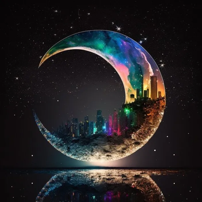 a crescent with a city in the background