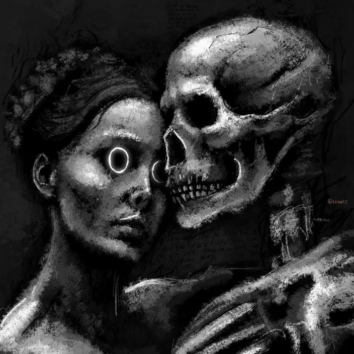 a drawing of a woman and a skeleton