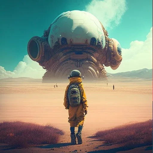a man in a yellow jacket is standing in front of a giant object