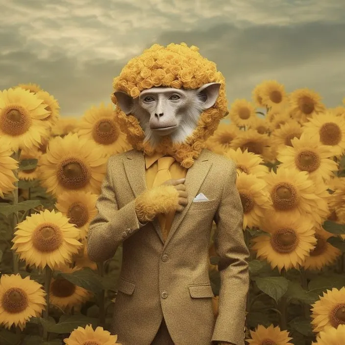 Monkeys with Rings of Flowers - Flowering Field in the Morning - Happy and Petal-filled Nature Scene. a monkey with a ring of flowers around its head stood in a field of sunflowers