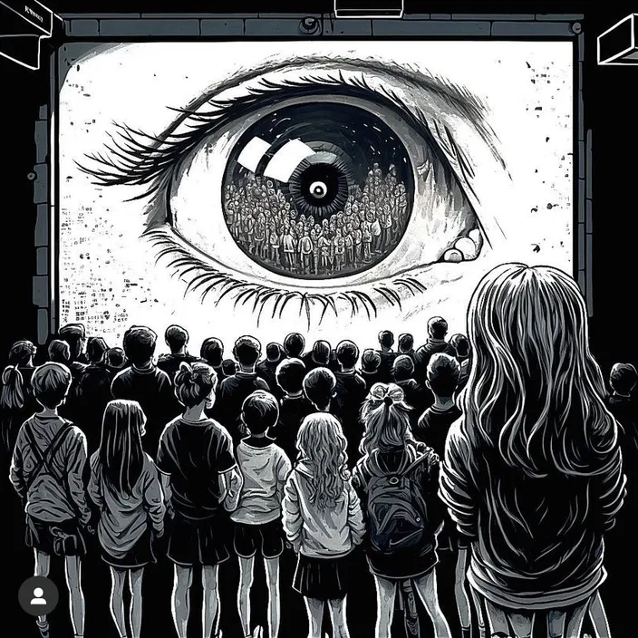 photograph, white, eyelash, human, organ, black, style, black-and-white, art, font crowd of people looking into an eye, similar to big brother from 1984, photograph, white, eyelash, human, organ, black, style, black-and-white, art, font