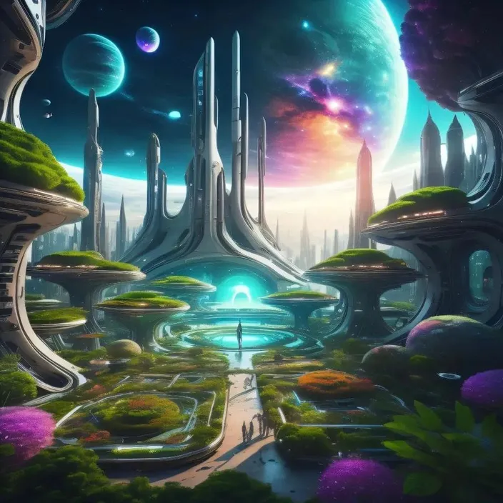 A futuristic city surrounded by trees and planets - with a planet in the foreground!. a futuristic city surrounded by trees and planets