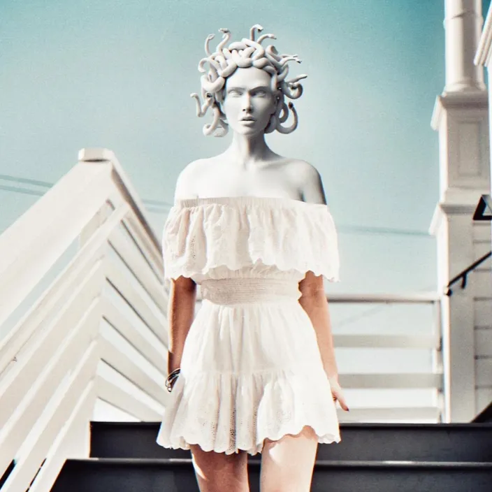 a woman in a white dress walking down a flight of stairs