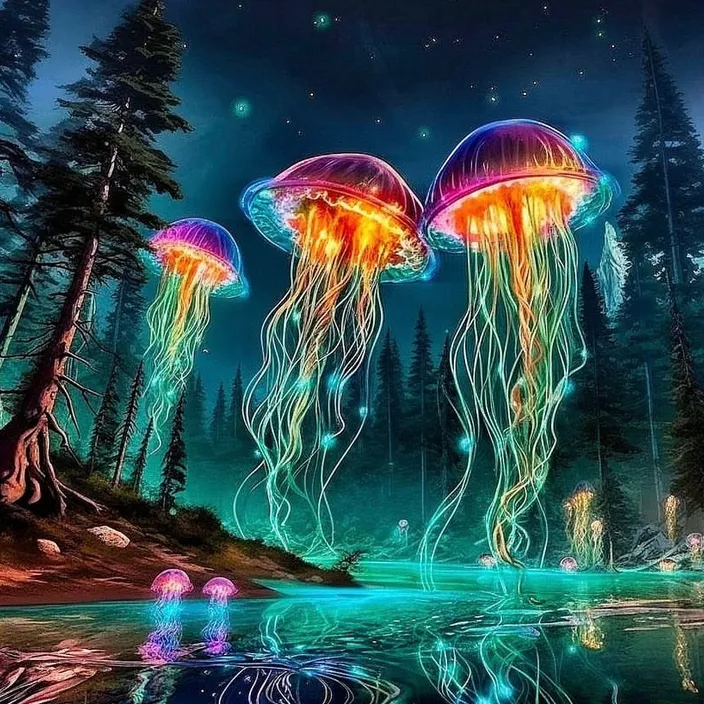 A couple of Jellyfish floating in the Forest, Magical, Colourful, Realistic. a couple of jellyfish floating above the water in a forest, magical, colourful, realistic