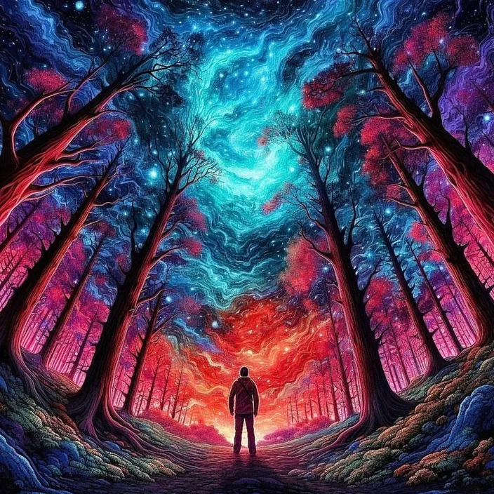 A painting of a man standing in the middle of a forest. by eerilyfair. a painting of a man standing in the middle of a forest, beautiful sky, galaxy, magical